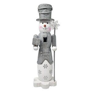 Silver and White Snowman 14" Christmas Wood Nutcracker